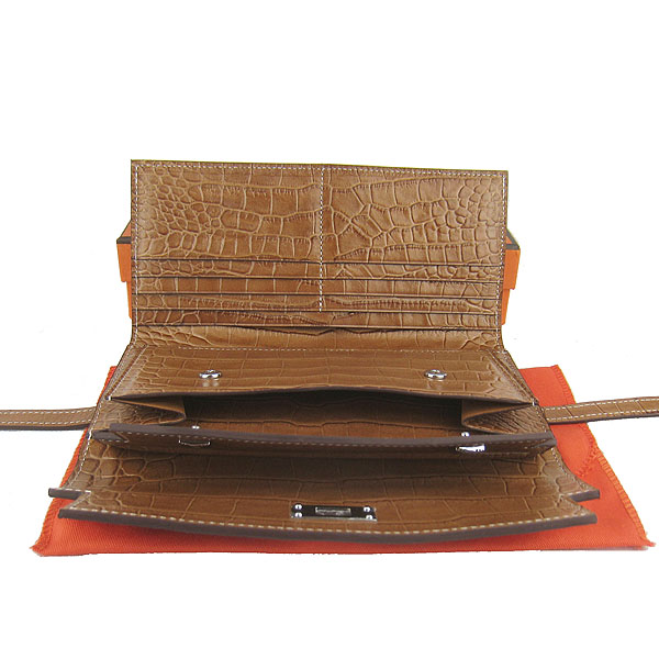 High Quality Hermes Kelly Crocodile Veins Long Clutch Bag Light Coffee H009 Replica